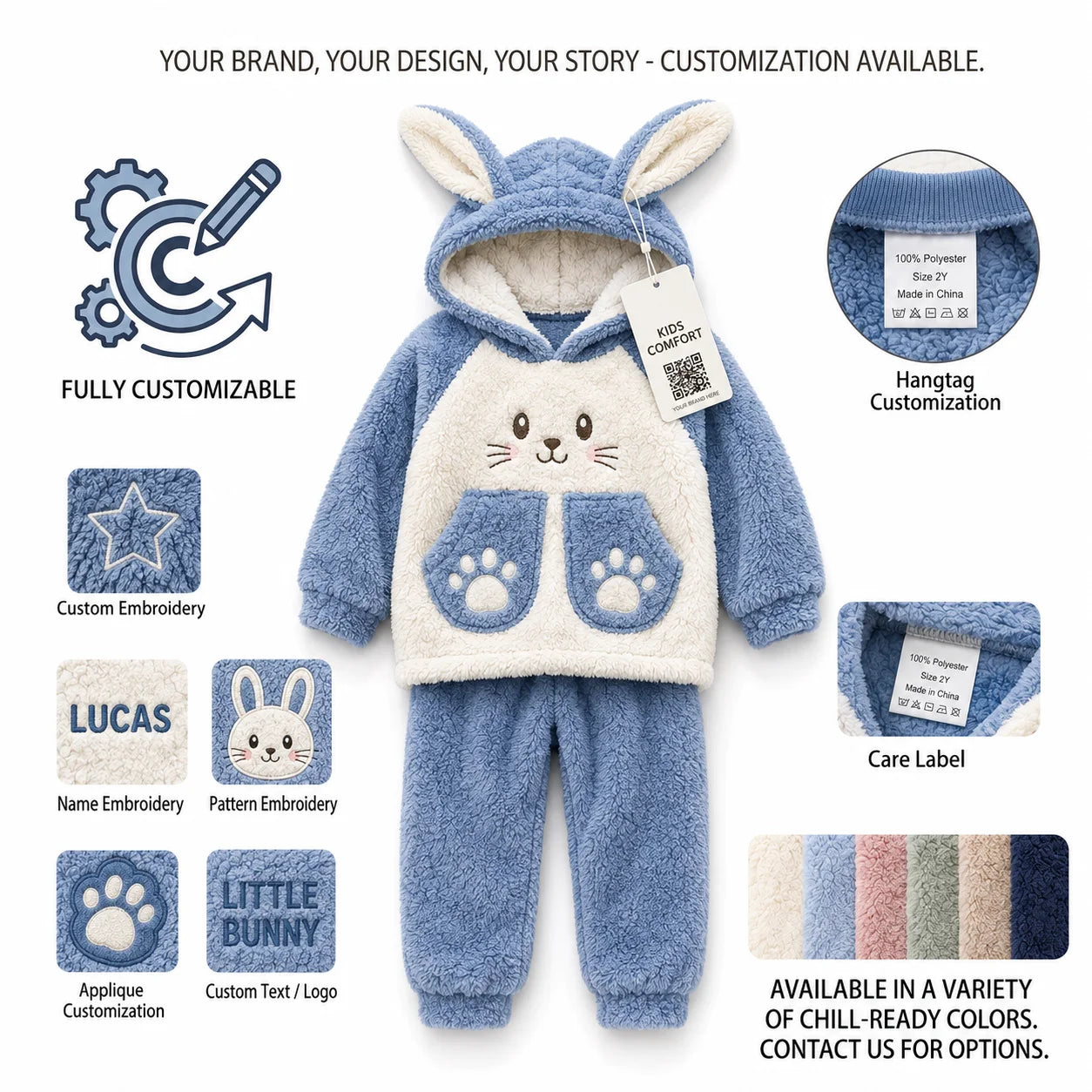 Bulala Kids Soft Fleece Animal Print Thermal Winter Warm Long Sleeve Sleepwear 2-Piece Pajama Set Custom OEM