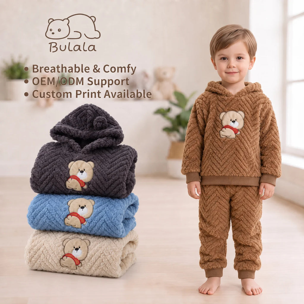 Bulala Kids Soft Fleece Animal Print Thermal Winter Warm Long Sleeve Sleepwear 2-Piece Pajama Set Custom OEM