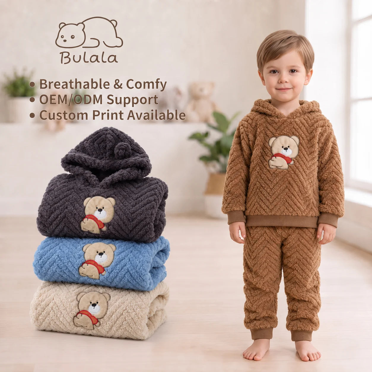 Bulala Kids Soft Fleece Animal Print Thermal Winter Warm Long Sleeve Sleepwear 2-Piece Pajama Set Custom OEM