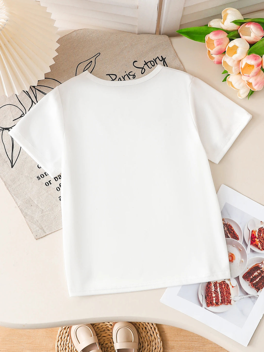 Kids Girls T-Shirt, Elegant Blue Lace Bow Print Short Sleeve Casual Cotton Top for Summer Daily Wear