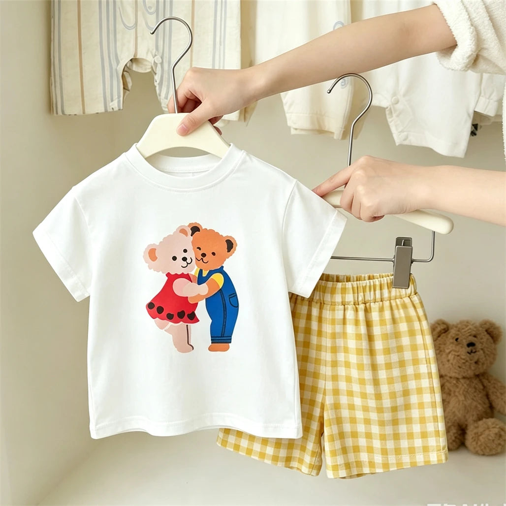 Kids Lovely Tshirt Plaid Shorts 2Piece/Set 2026 Summer Clothing Crewneck Tops Loose Versatile Shorts Boys And Girls Costume