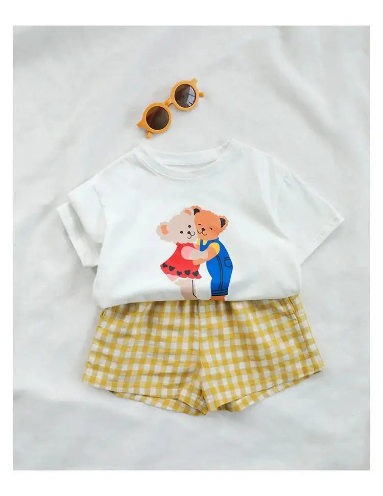 Summer Clothing Baby Boys And Girls Short Sleeve Suit Printed Cartoon Fashion T-shirt Plaid Shorts 2piece Set Children Clothes