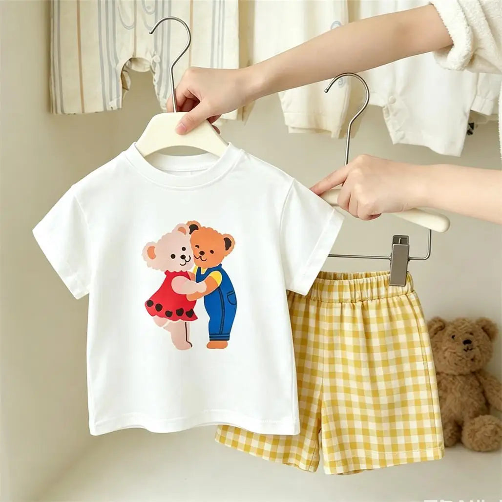 Kids Lovely Tshirt Plaid Shorts 2Piece/Set 2026 Summer Clothing Crewneck Tops Loose Versatile Shorts Boys And Girls Costume