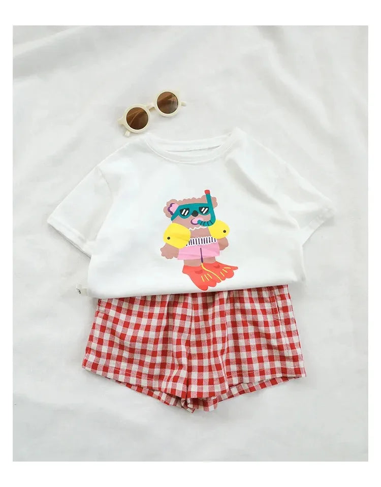 Summer Clothing Baby Boys And Girls Short Sleeve Suit Printed Cartoon Fashion T-shirt Plaid Shorts 2piece Set Children Clothes