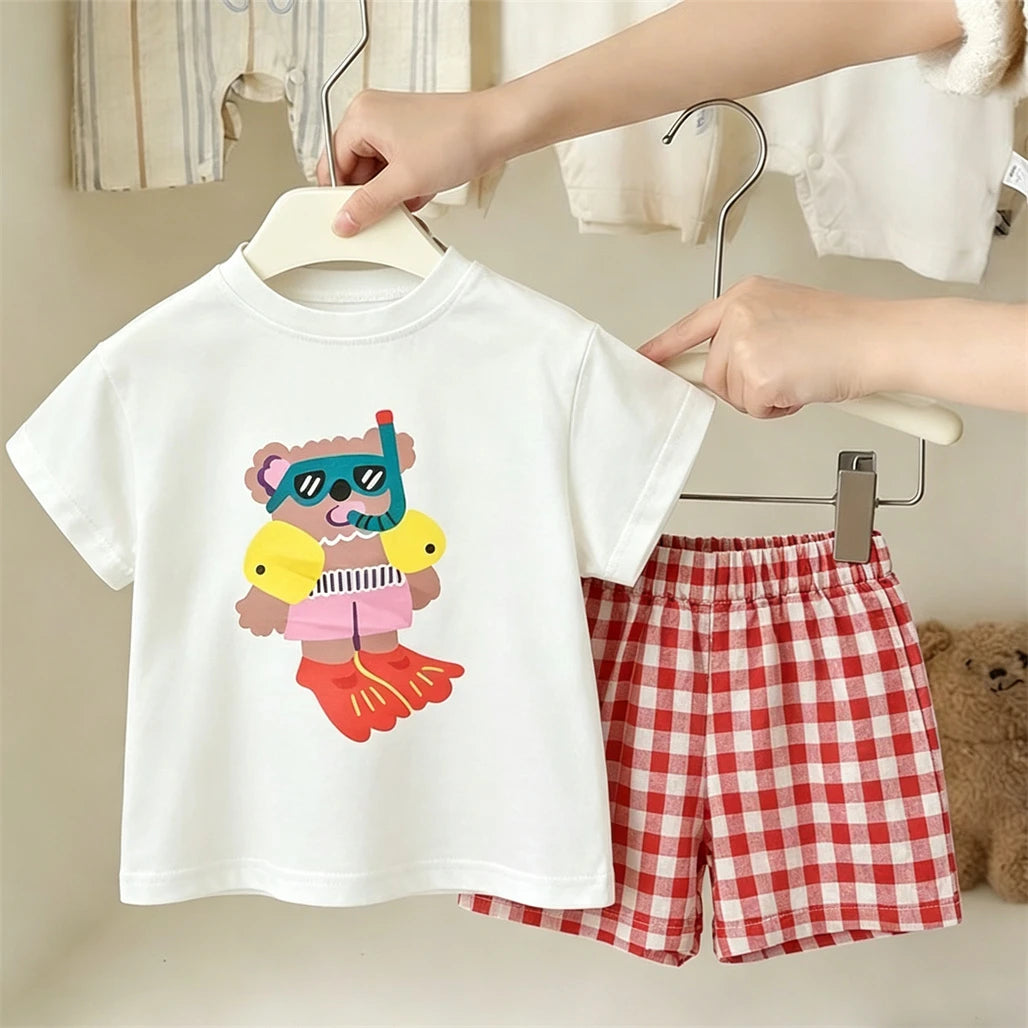 Kids Lovely Tshirt Plaid Shorts 2Piece/Set 2026 Summer Clothing Crewneck Tops Loose Versatile Shorts Boys And Girls Costume