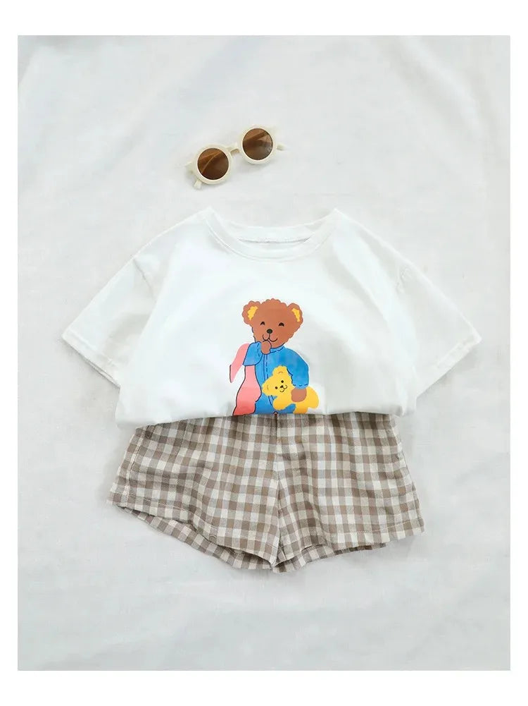 Summer Clothing Baby Boys And Girls Short Sleeve Suit Printed Cartoon Fashion T-shirt Plaid Shorts 2piece Set Children Clothes