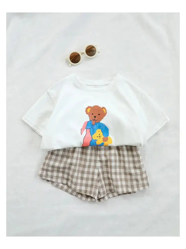 Summer Clothing Baby Boys And Girls Short Sleeve Suit Printed Cartoon Fashion T-shirt Plaid Shorts 2piece Set Children Clothes