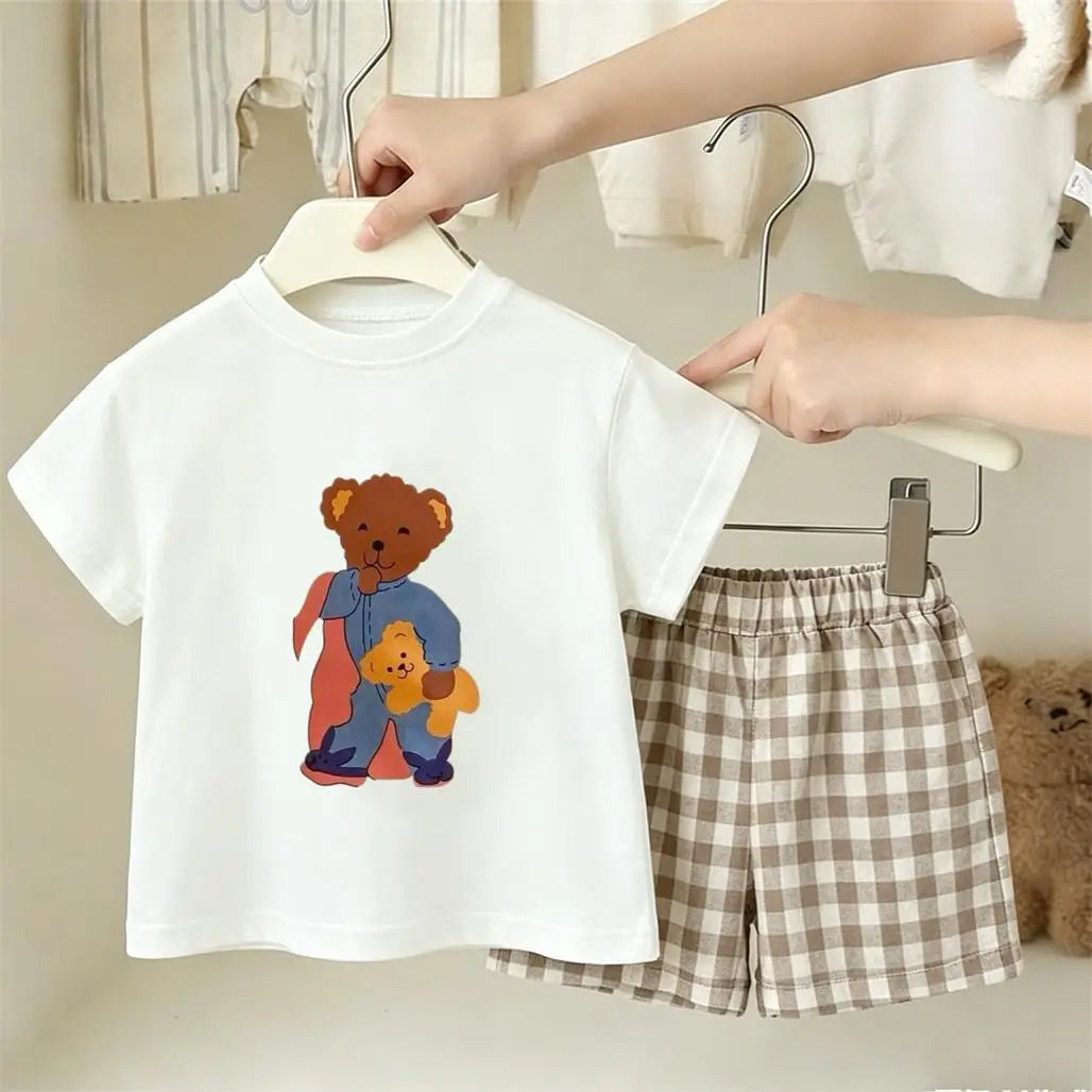 Kids Lovely Tshirt Plaid Shorts 2Piece/Set 2026 Summer Clothing Crewneck Tops Loose Versatile Shorts Boys And Girls Costume